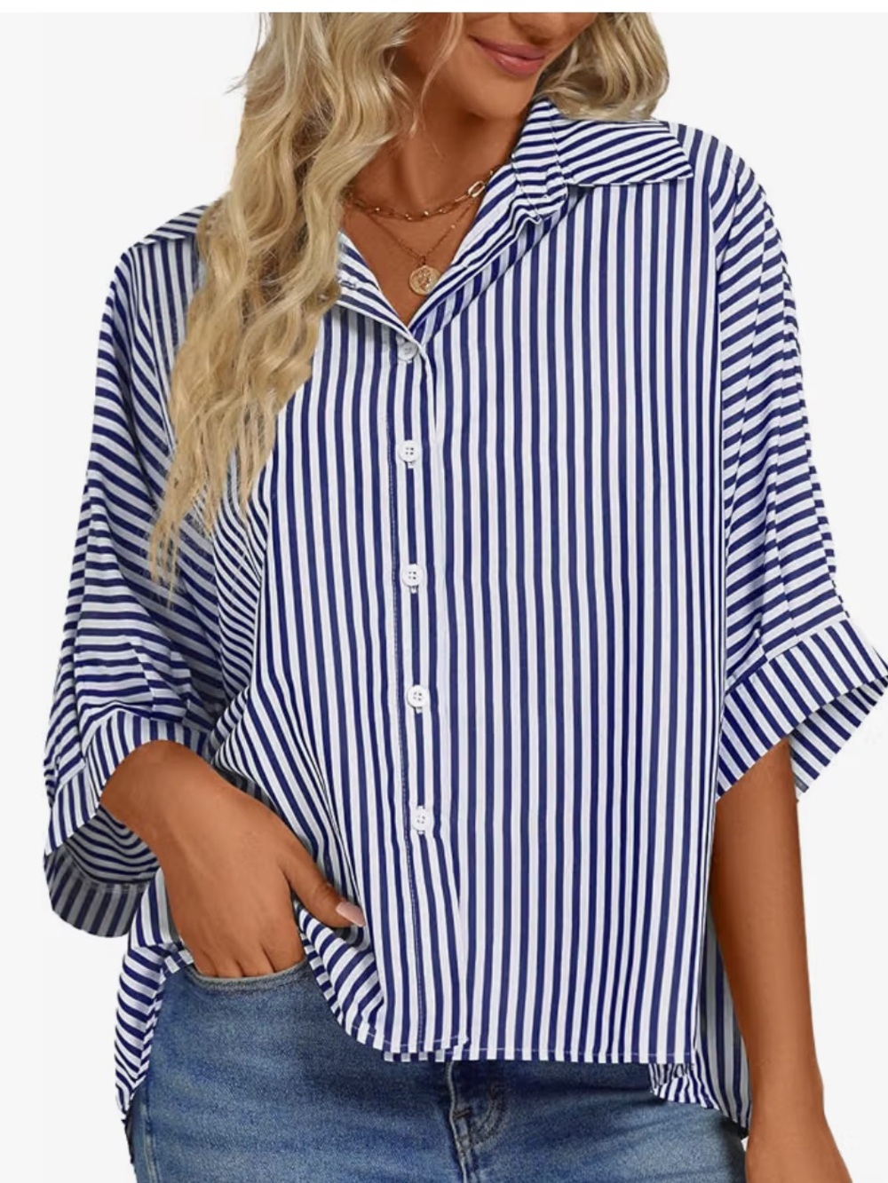 NEW Striped Over sized Top in Dark Grey-Blue and White Stripes, Size Medium, EUC